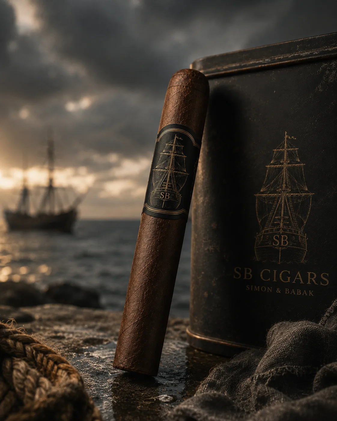 SB Robusto vor stürmischer See mit Segelschiff am Horizont